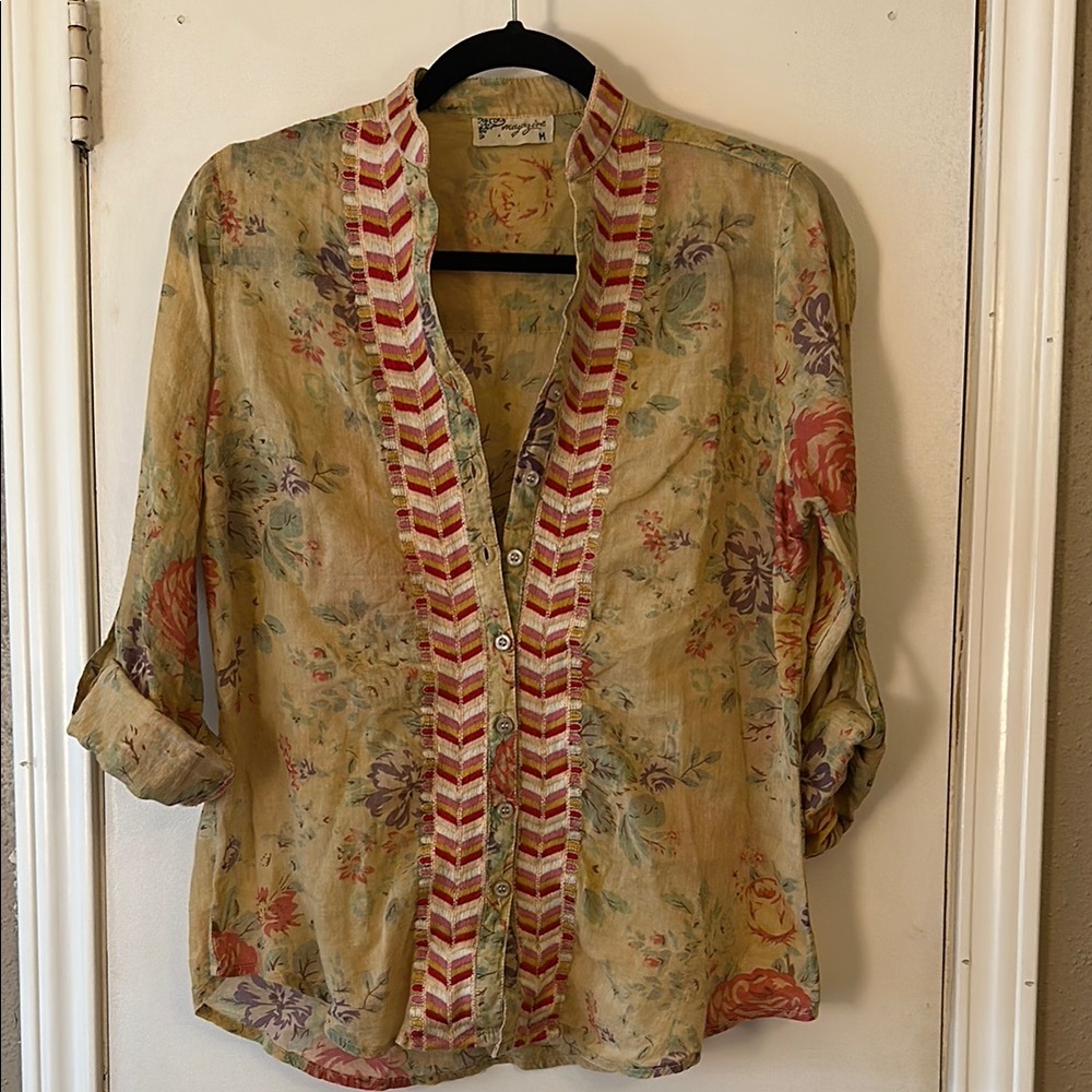 Floral Button Down Shirt with Red Accents